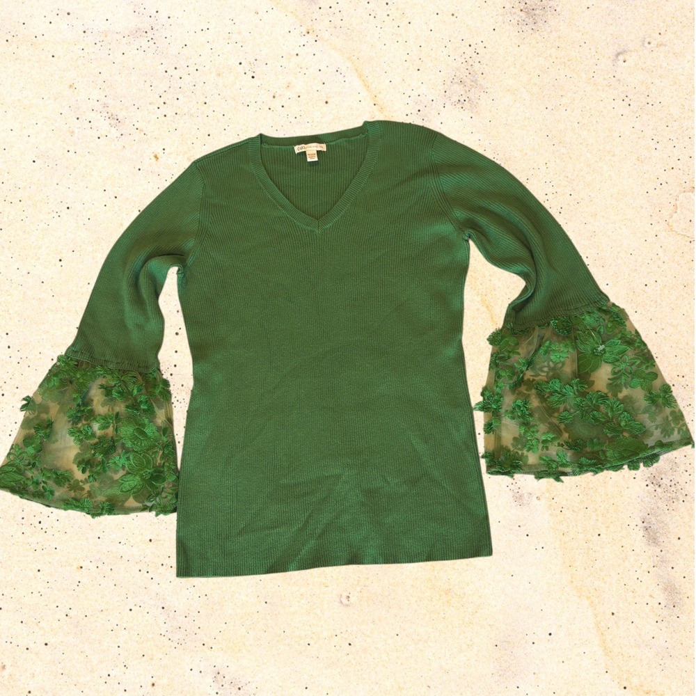 Cato Plus 18/20W Hunter Green Lightweight Sweater Embroidered Mesh Flared Sleeve